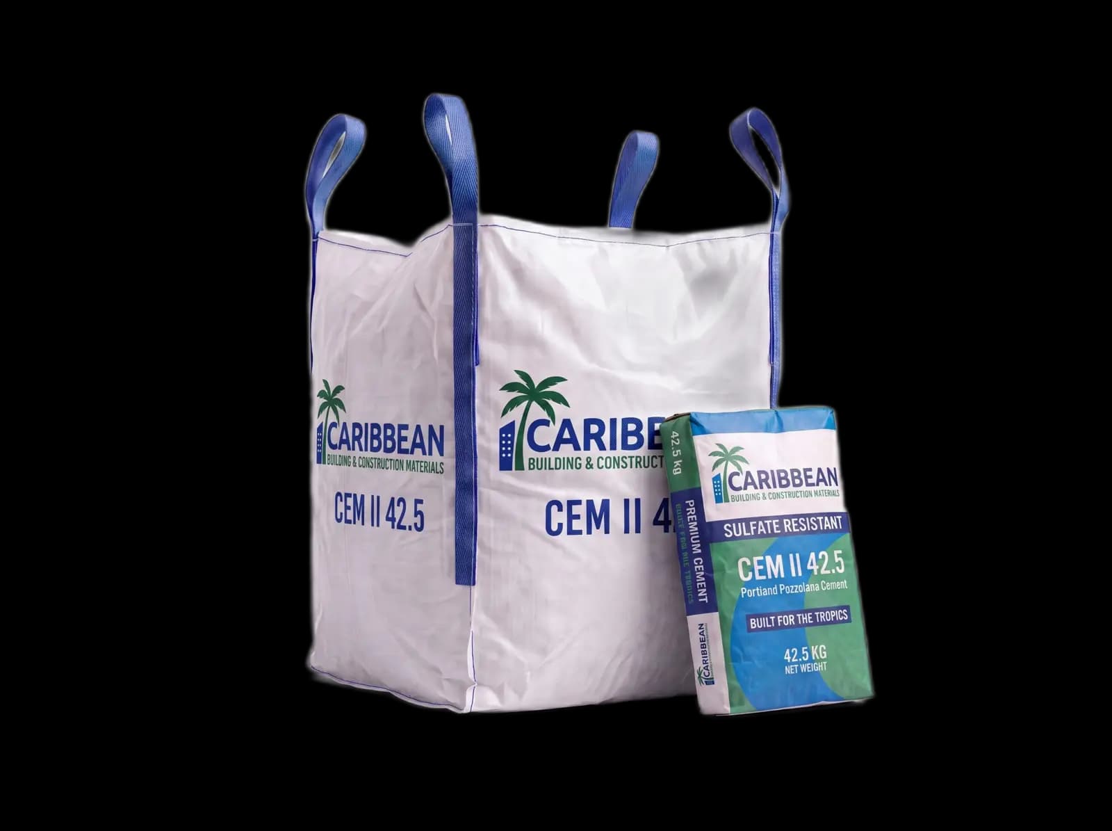 42.5 kg cement bag shown at realistic scale beside a 1.5 MT jumbo bag