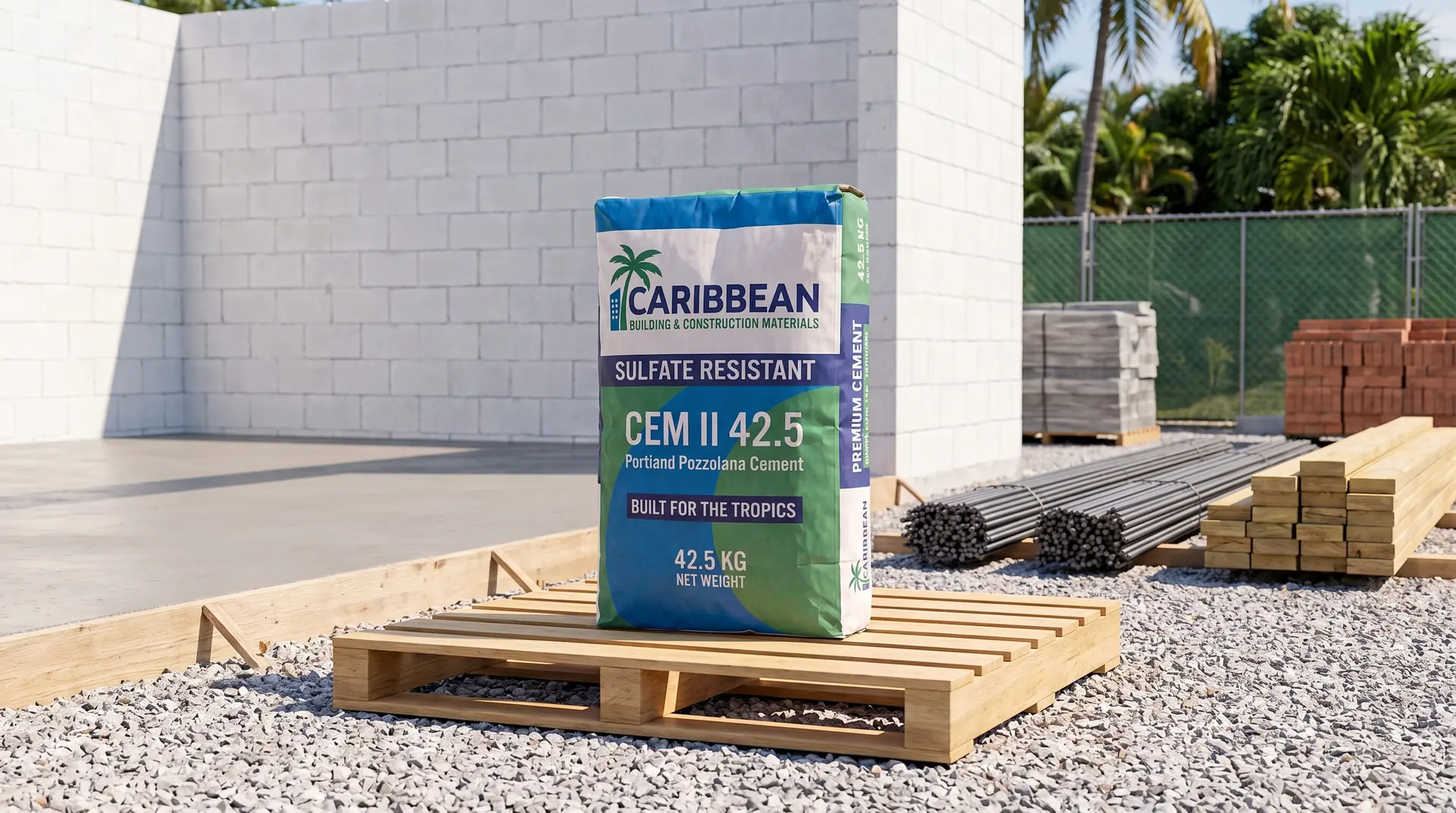 CEM II/A-M (P-L) 42.5 R cement at a clean concrete project site