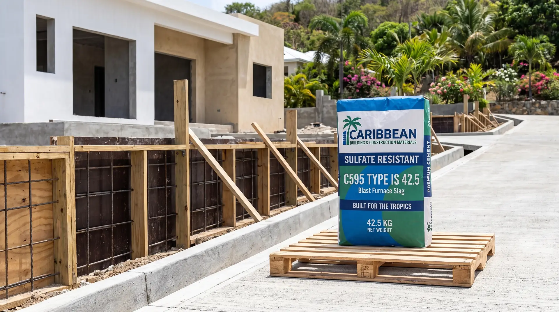ASTM C595 Type IS (20) cement at a clean concrete project site