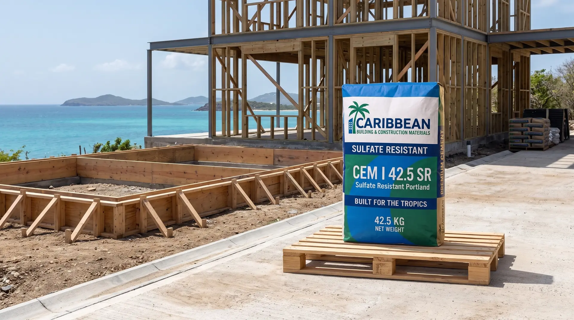 CEM I 42.5 N-SR 5 cement at a clean concrete project site
