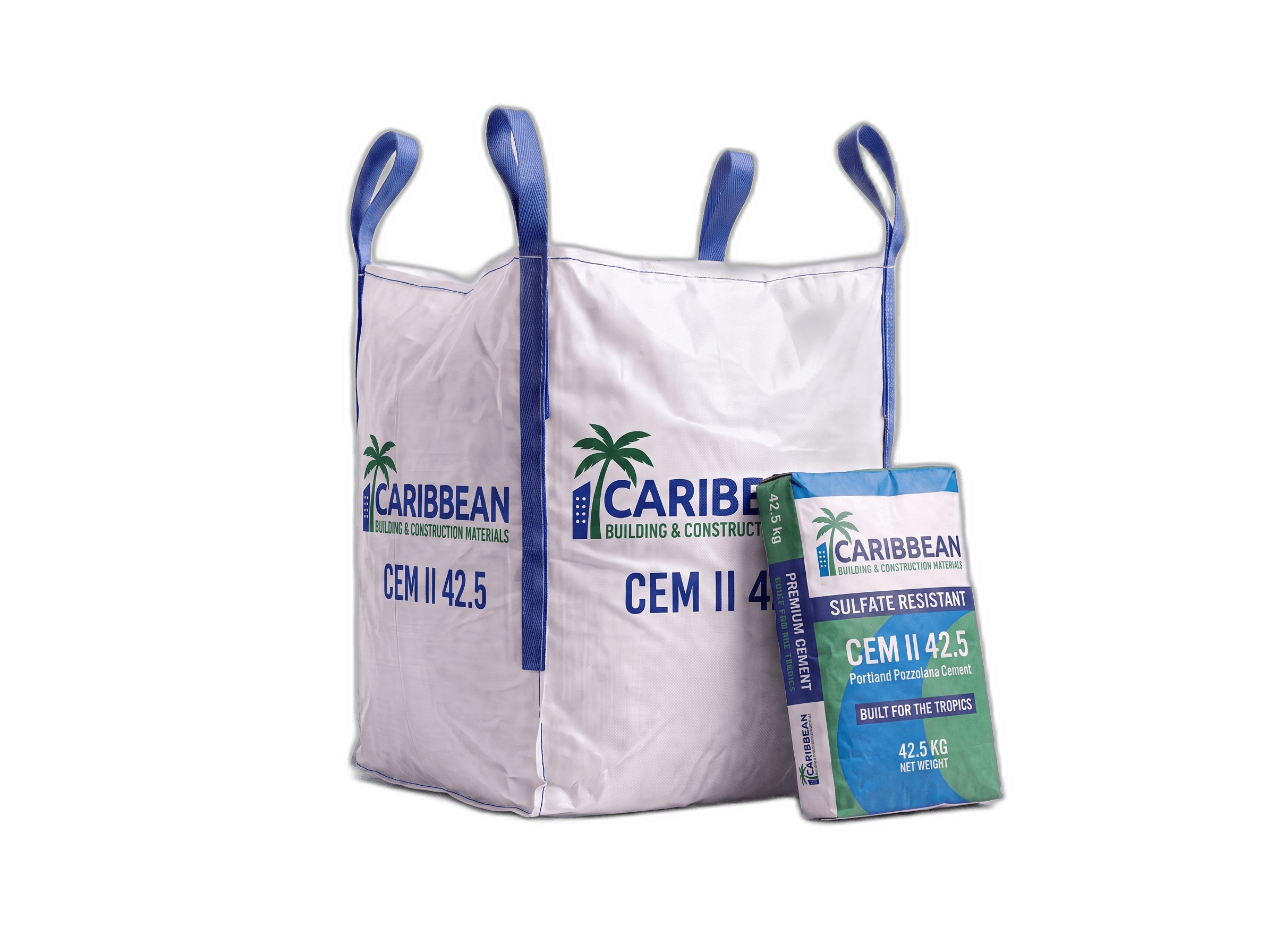 CEM II/A-M (P-L) 42.5 R 42.5 kg bag beside a 1.5 MT FIBC bulk bag