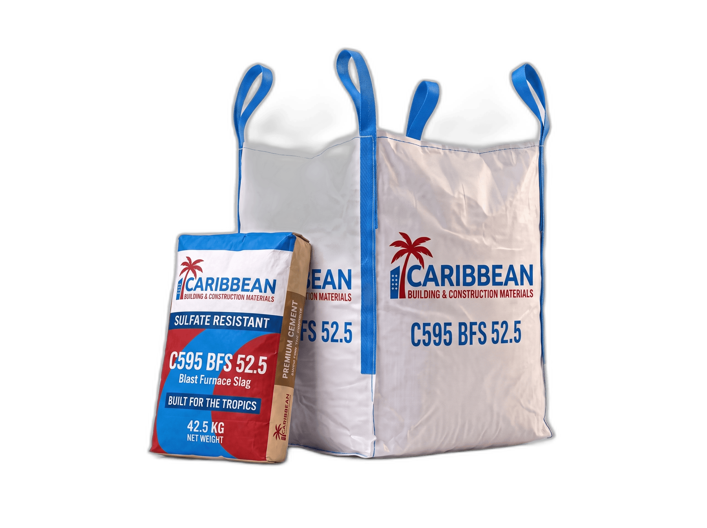 CEM II/B-S 52.5 N 42.5 kg bag beside a 1.5 MT FIBC bulk bag