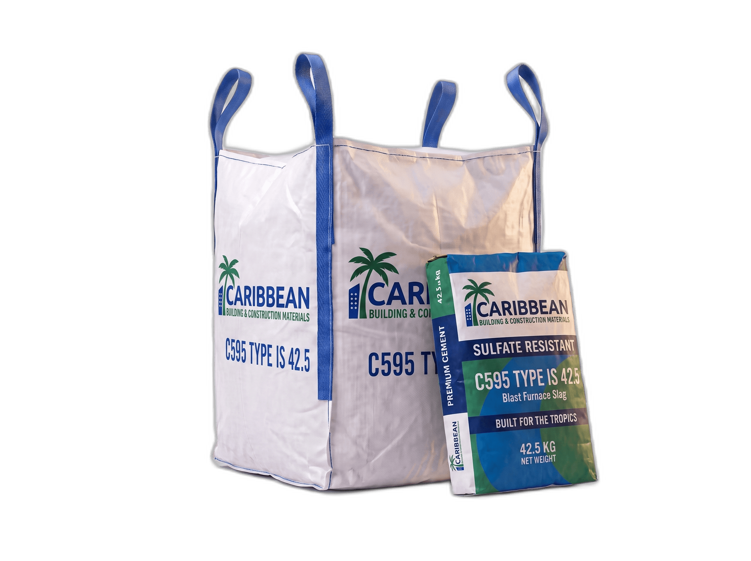 ASTM C595 Type IS (20) 42.5 kg bag beside a 1.5 MT FIBC bulk bag