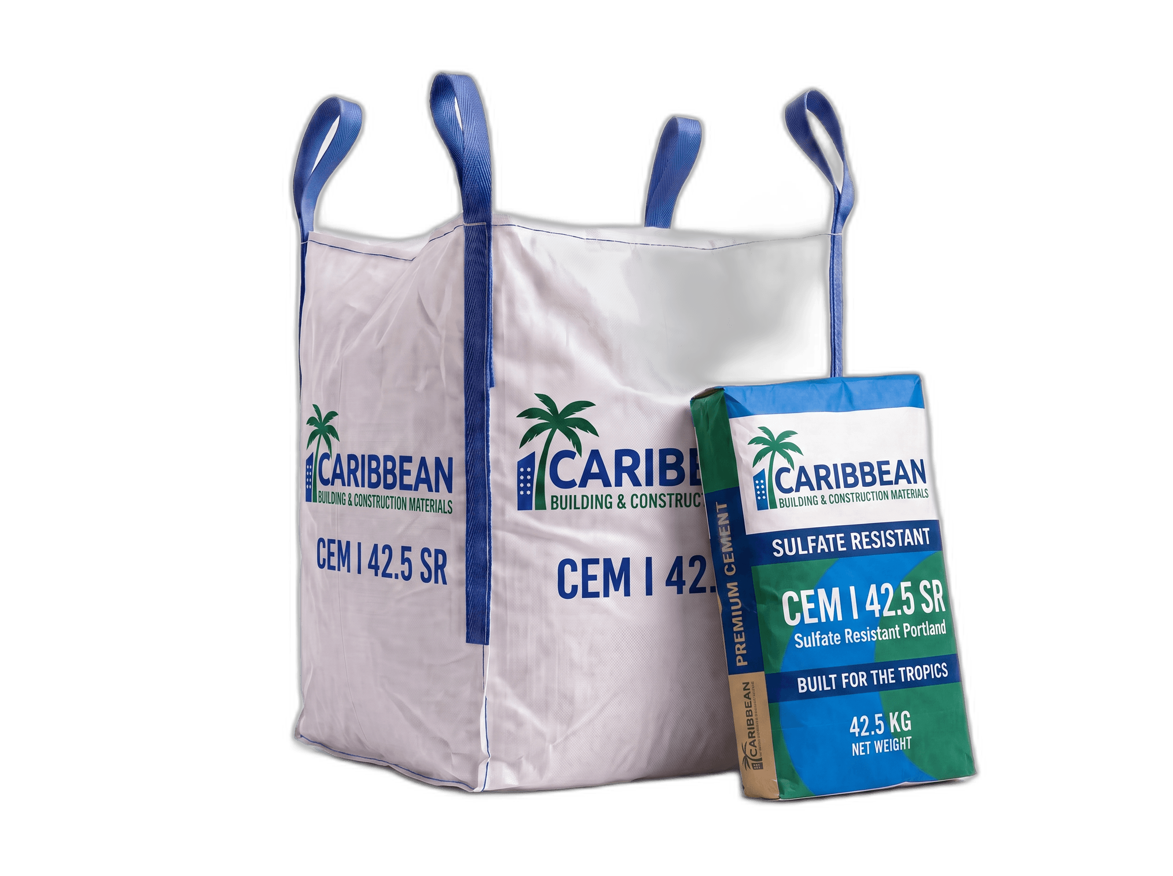 CEM I 42.5 N-SR 5 42.5 kg bag beside a 1.5 MT FIBC bulk bag