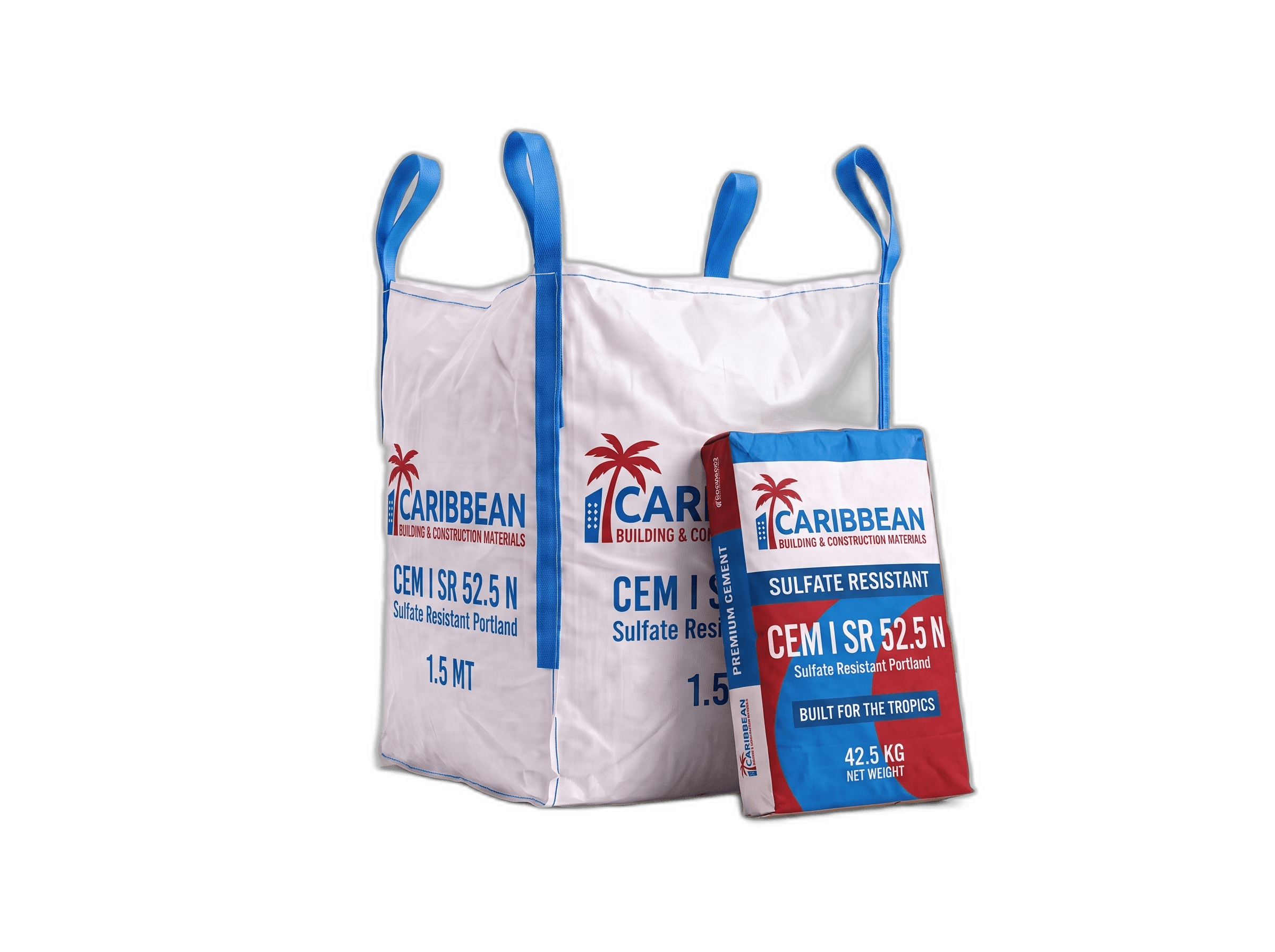 CEM I 52.5 N-SR 3 42.5 kg bag beside a 1.5 MT FIBC bulk bag