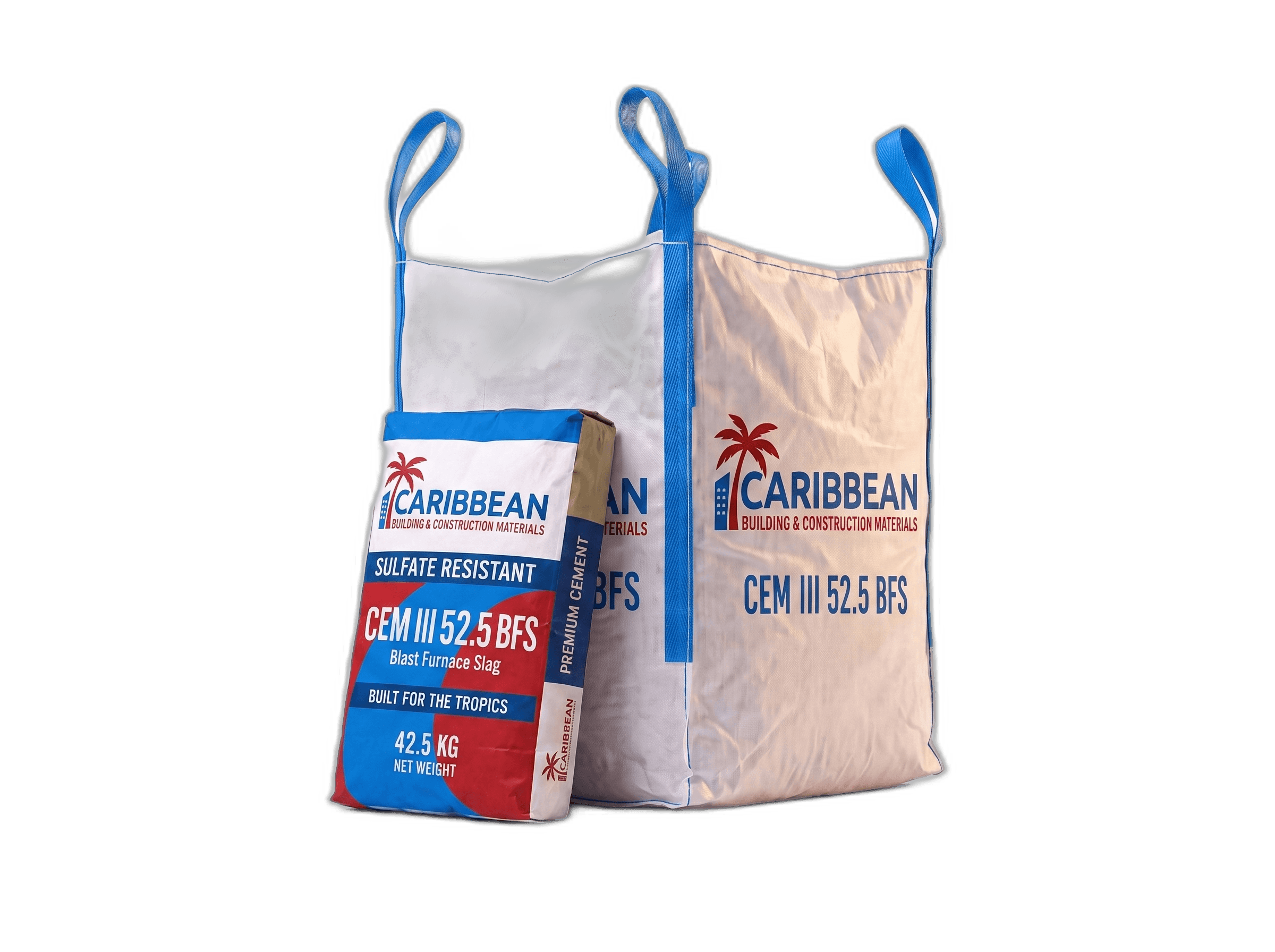 CEM III/B 52.5 N-SR 42.5 kg bag beside a 1.5 MT FIBC bulk bag